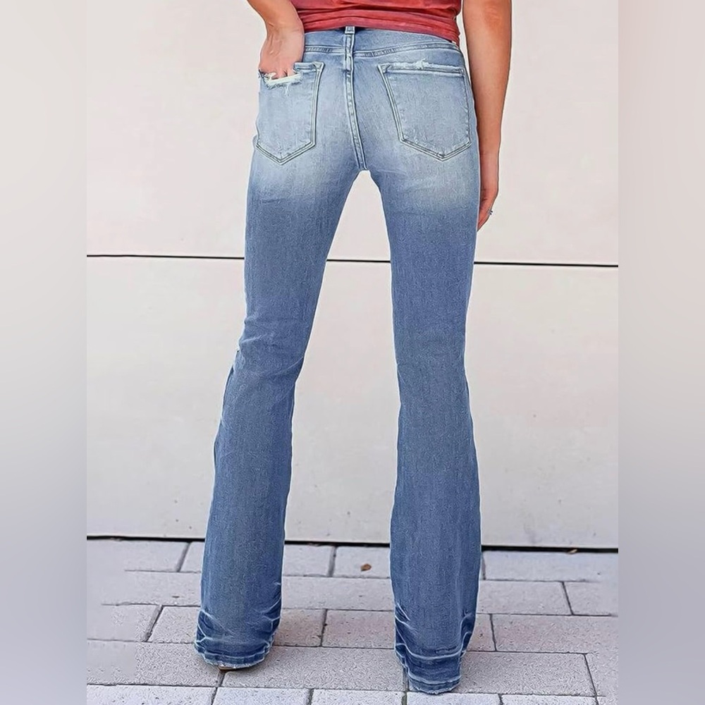 Classic Distressed Flare Jeans - Light Blue - Picture 3 of 12